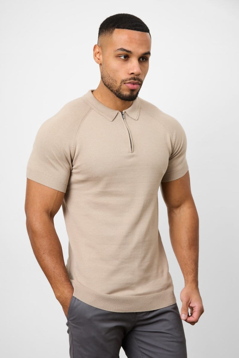 Knitted Zip Polo Shirt in Neutral - TAILORED ATHLETE - ROW
