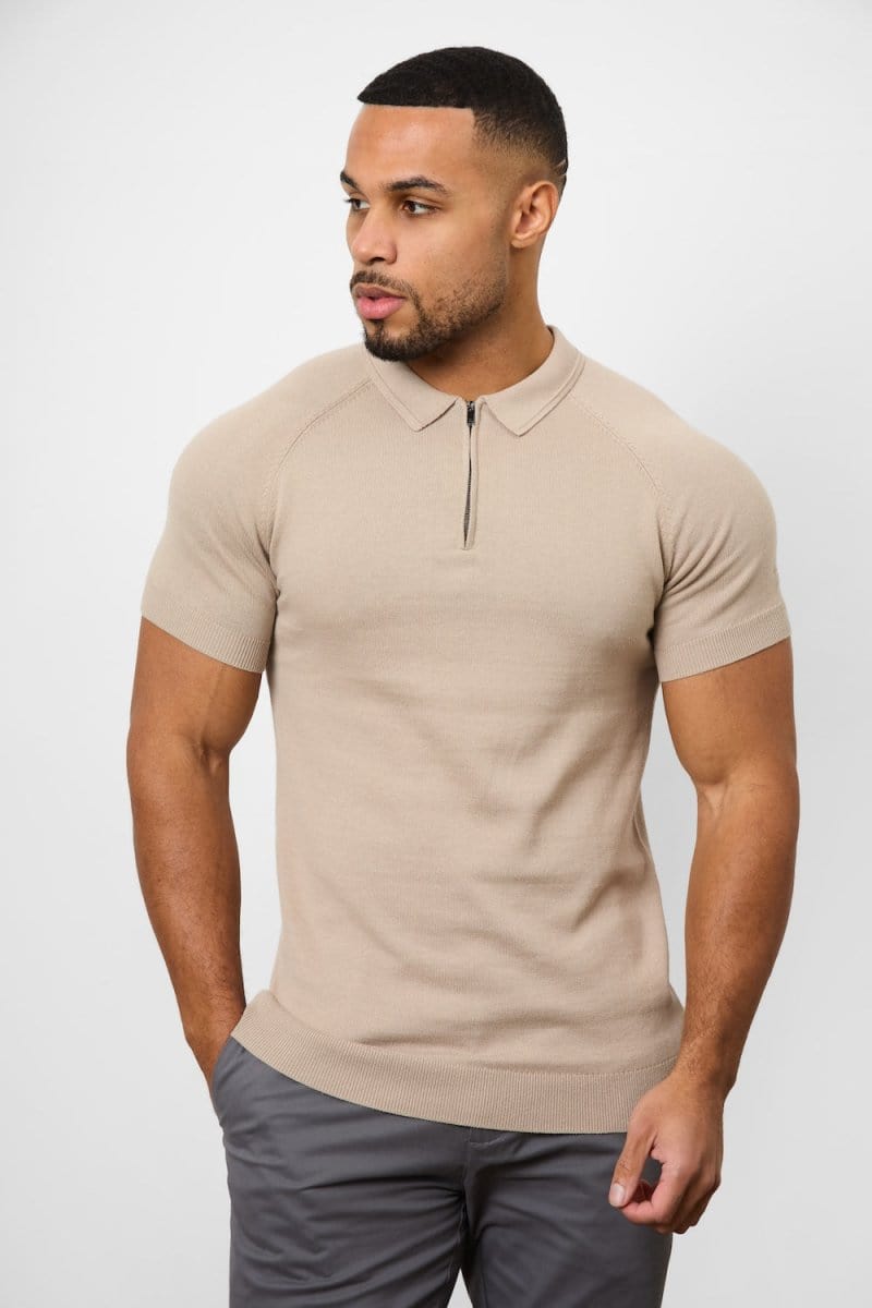 Knitted Zip Polo Shirt in Neutral - TAILORED ATHLETE - ROW