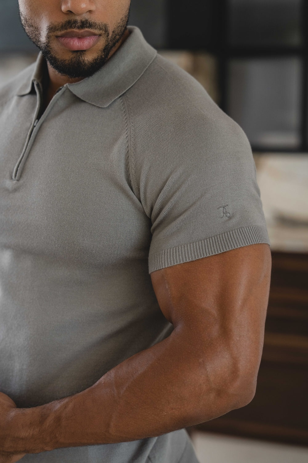 Knitted Half Zip Neck Polo in Dark Sage