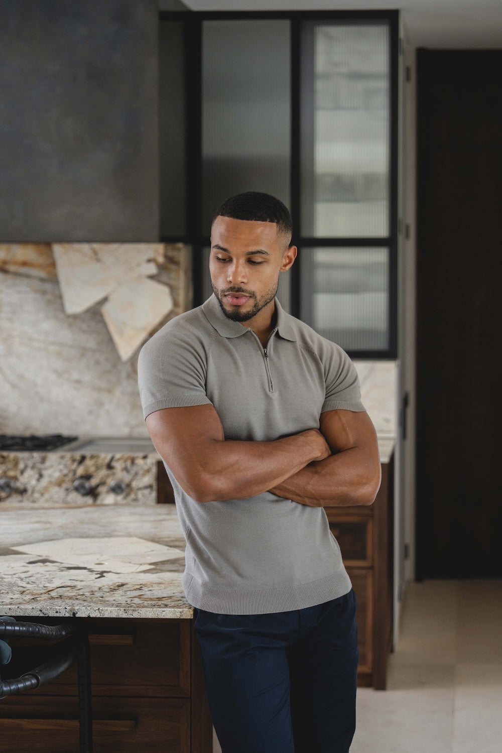 Knitted Half Zip Neck Polo in Dark Sage