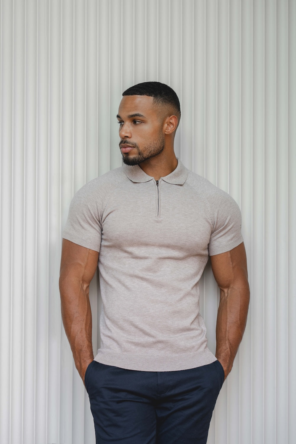 Knitted Half Zip Neck Polo in Oatmeal