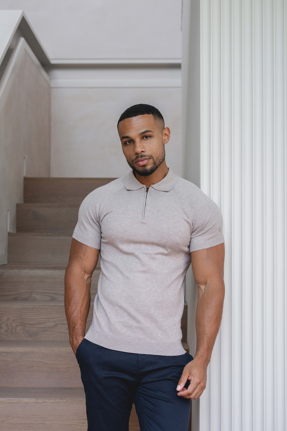 Knitted Half Zip Neck Polo in Oatmeal