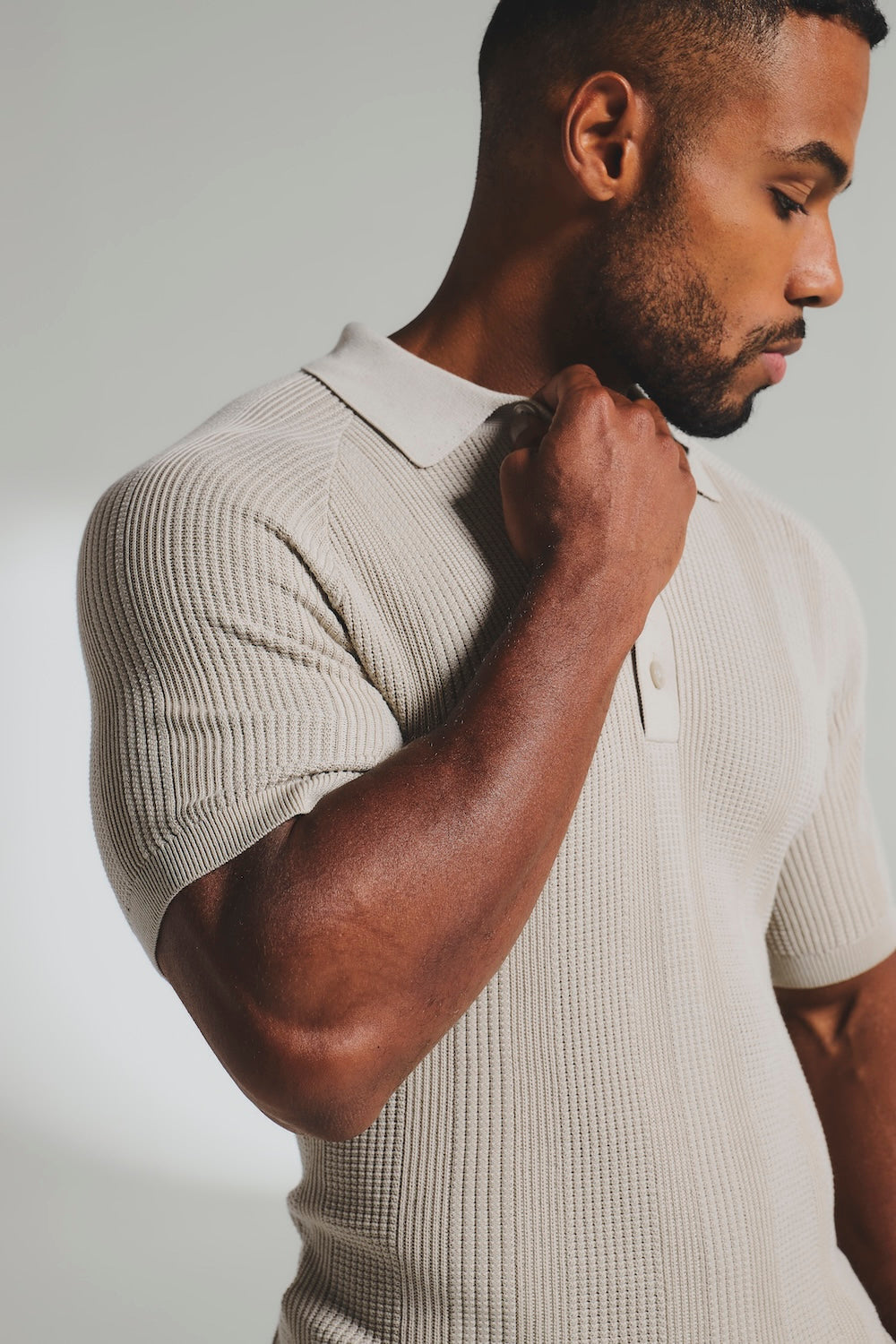 Vertical Stripe Knitted Polo Shirt in Stone