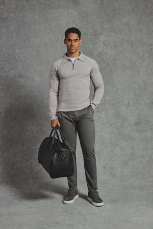 Knitted Half Zip Polo Shirt in Dark Oatmeal