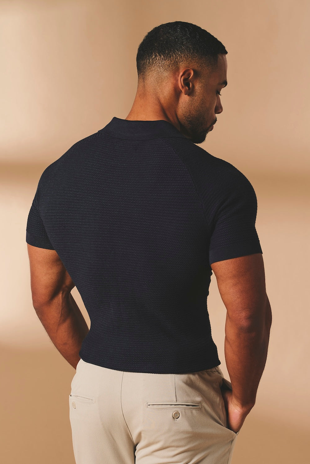 Textured Knitted Open Collar Polo Shirt in Navy