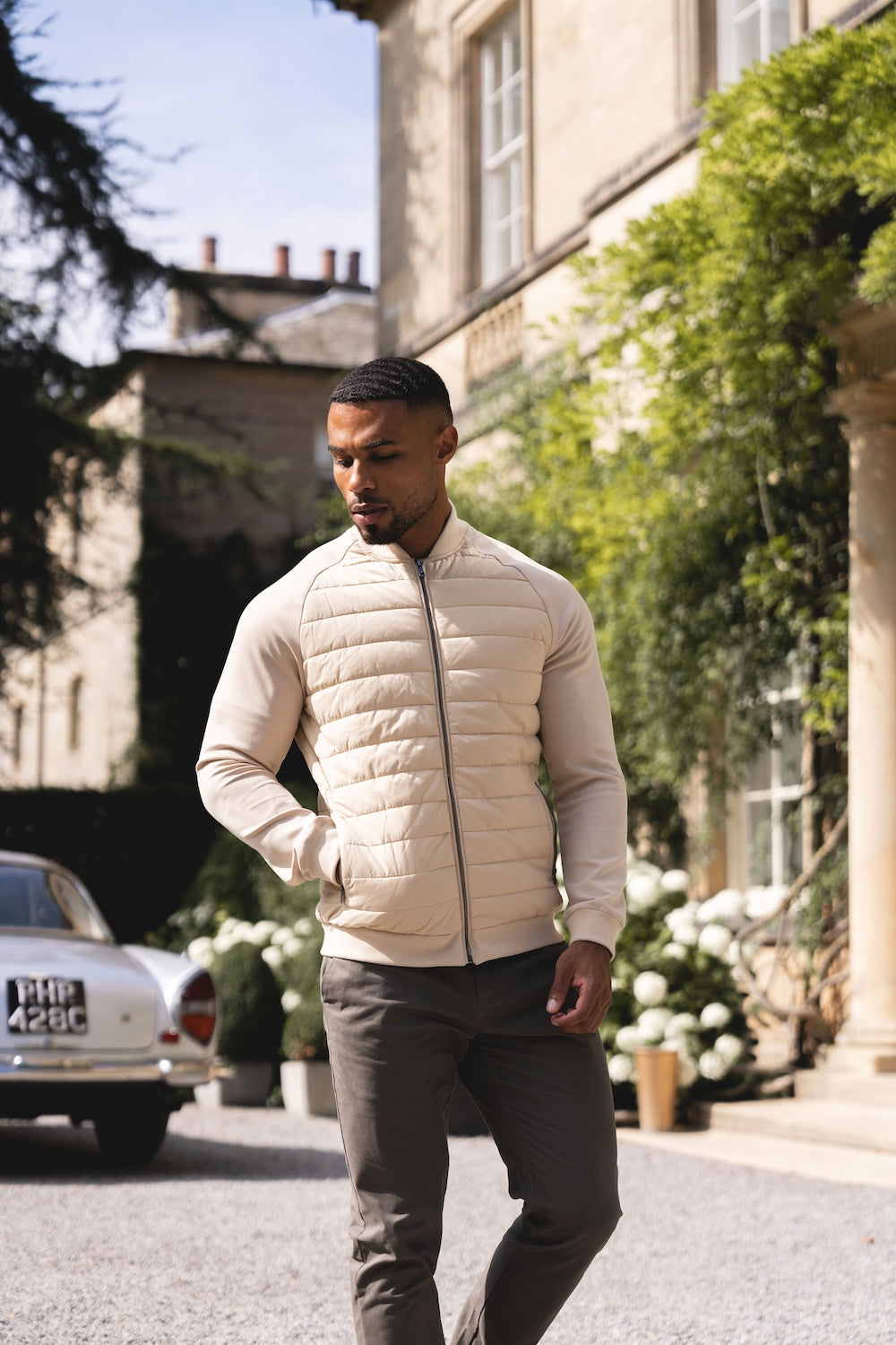 Quilted Hybrid Bomber Jacket in Neutral
