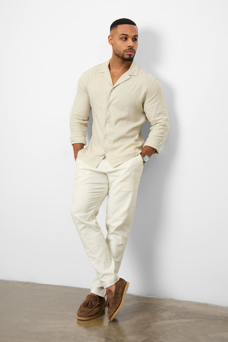 Linen Blend Cuban Collar Shirt in Stone - TAILORED ATHLETE - ROW