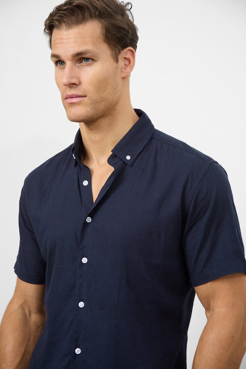 Linen Blend Button Through Shirt in Navy - TAILORED ATHLETE - ROW