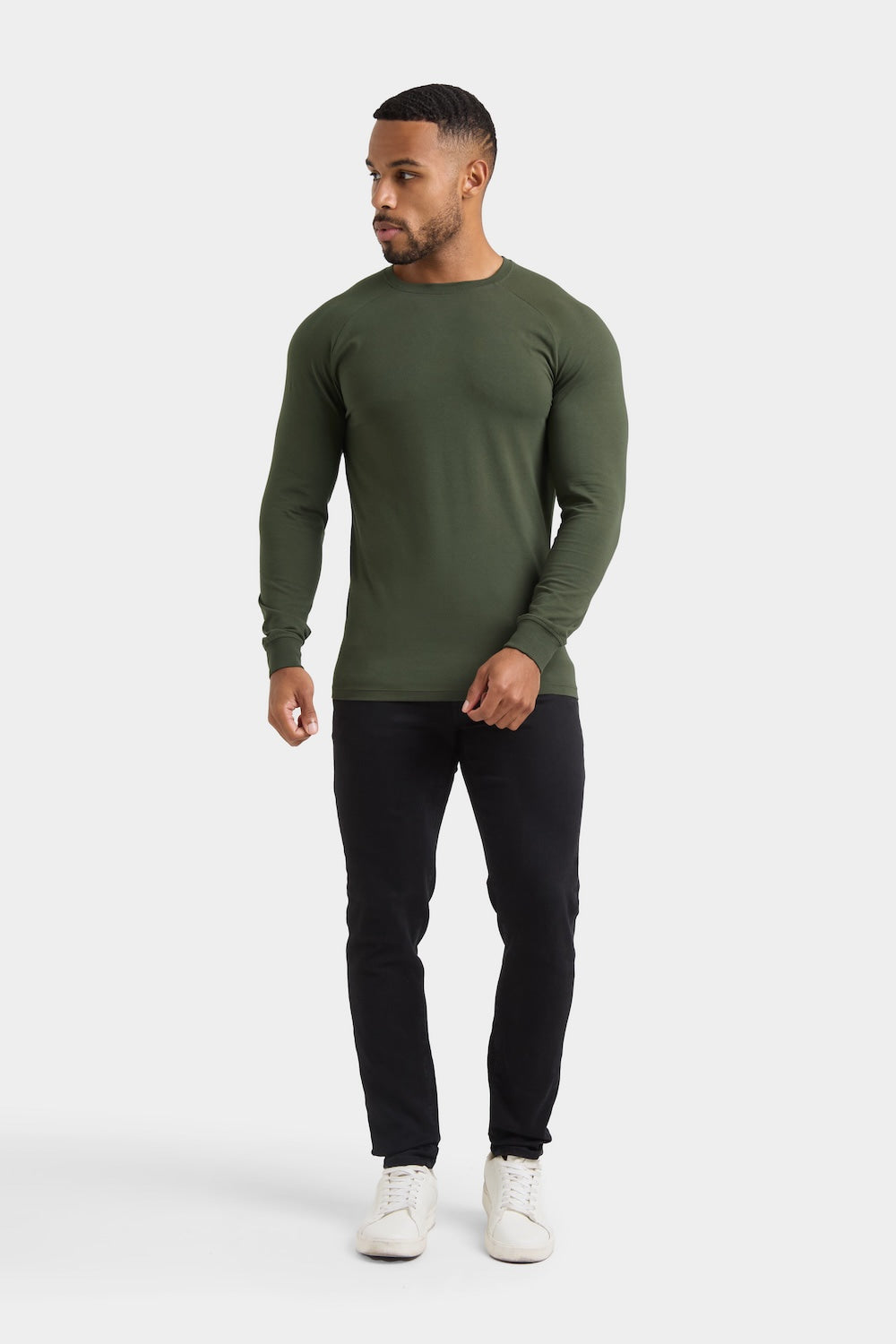 Muscle Fit 3 Pack Long Sleeve T-Shirt in Black, Navy & Khaki