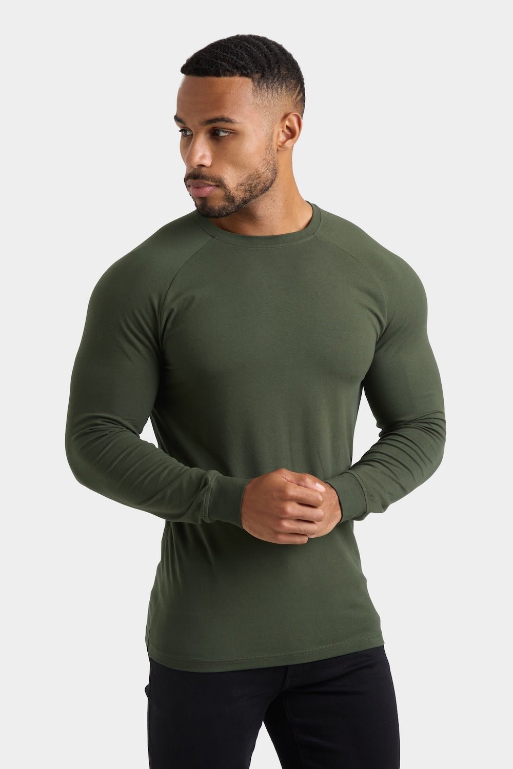 Muscle Fit 3 Pack Long Sleeve T-Shirt in Black, Navy & Khaki