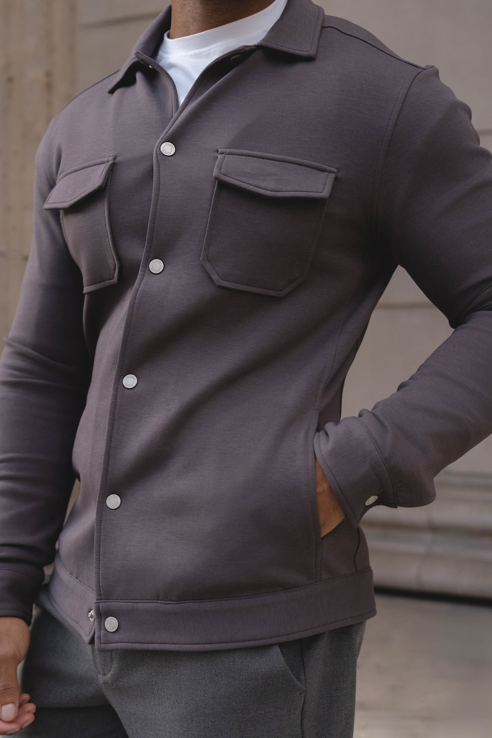 Lined Jersey Shacket in Dark Mole