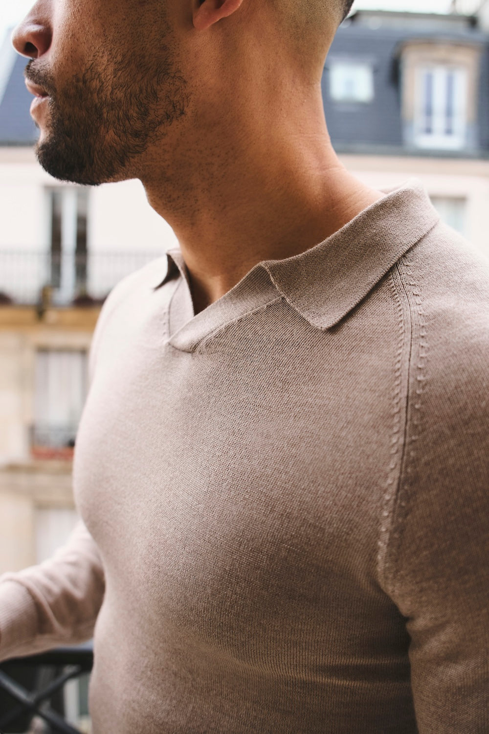 Extra Fine Merino Wool Open Collar Polo Shirt in Wheat Marl