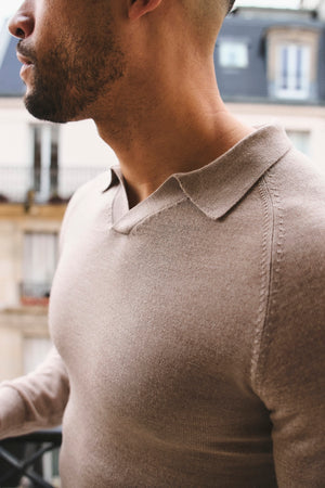 Extra Fine Merino Wool Open Collar Polo Shirt in Wheat Marl