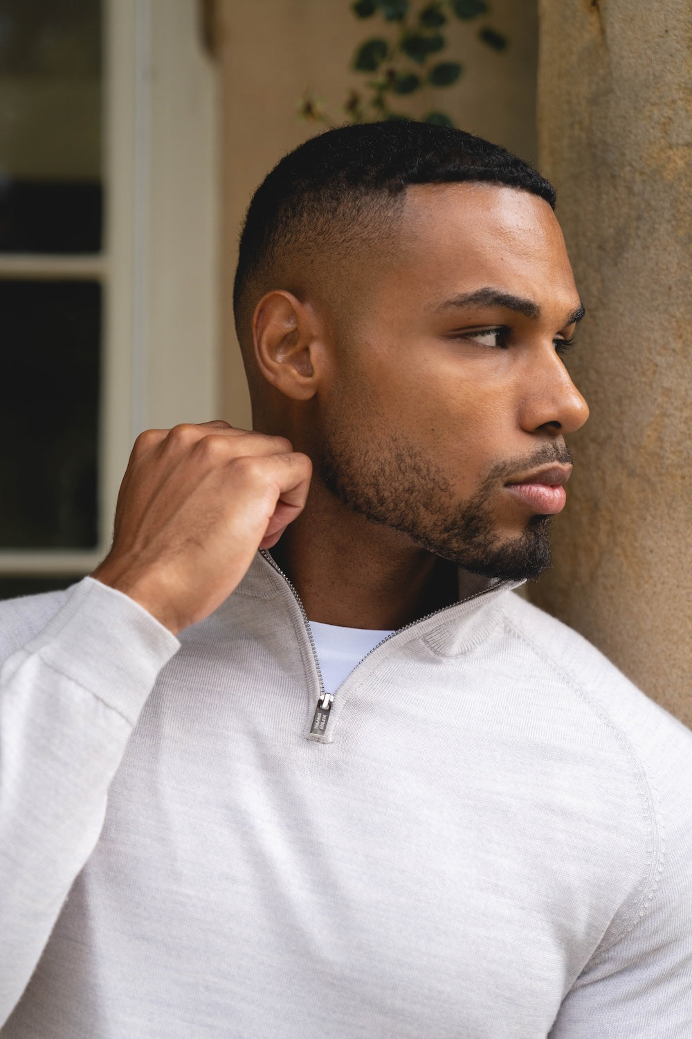 Extra Fine Merino Wool Half Zip Neck Jumper in Silver Grey Marl