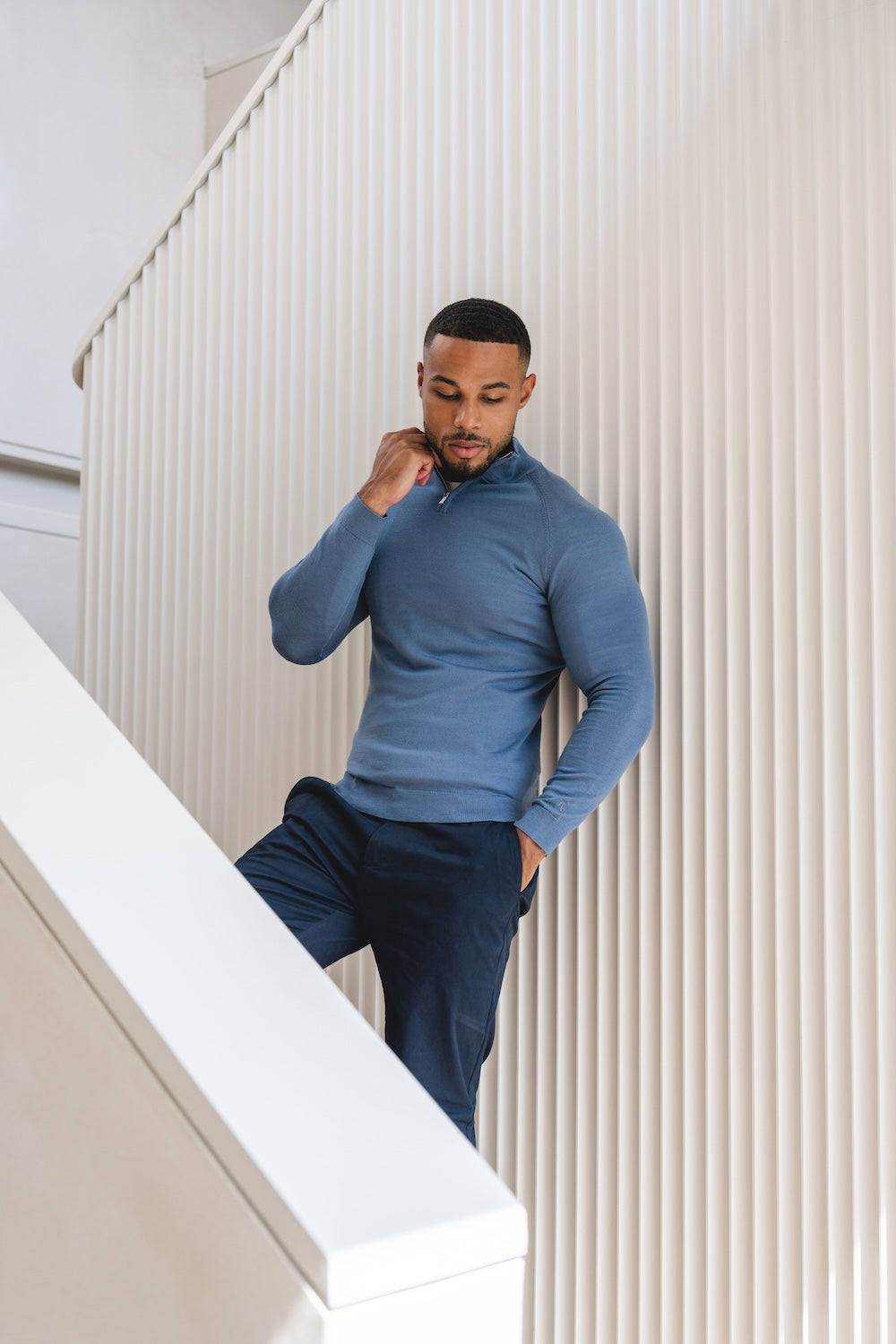 Extra Fine Merino Wool Half Zip Neck Jumper in Airforce Blue