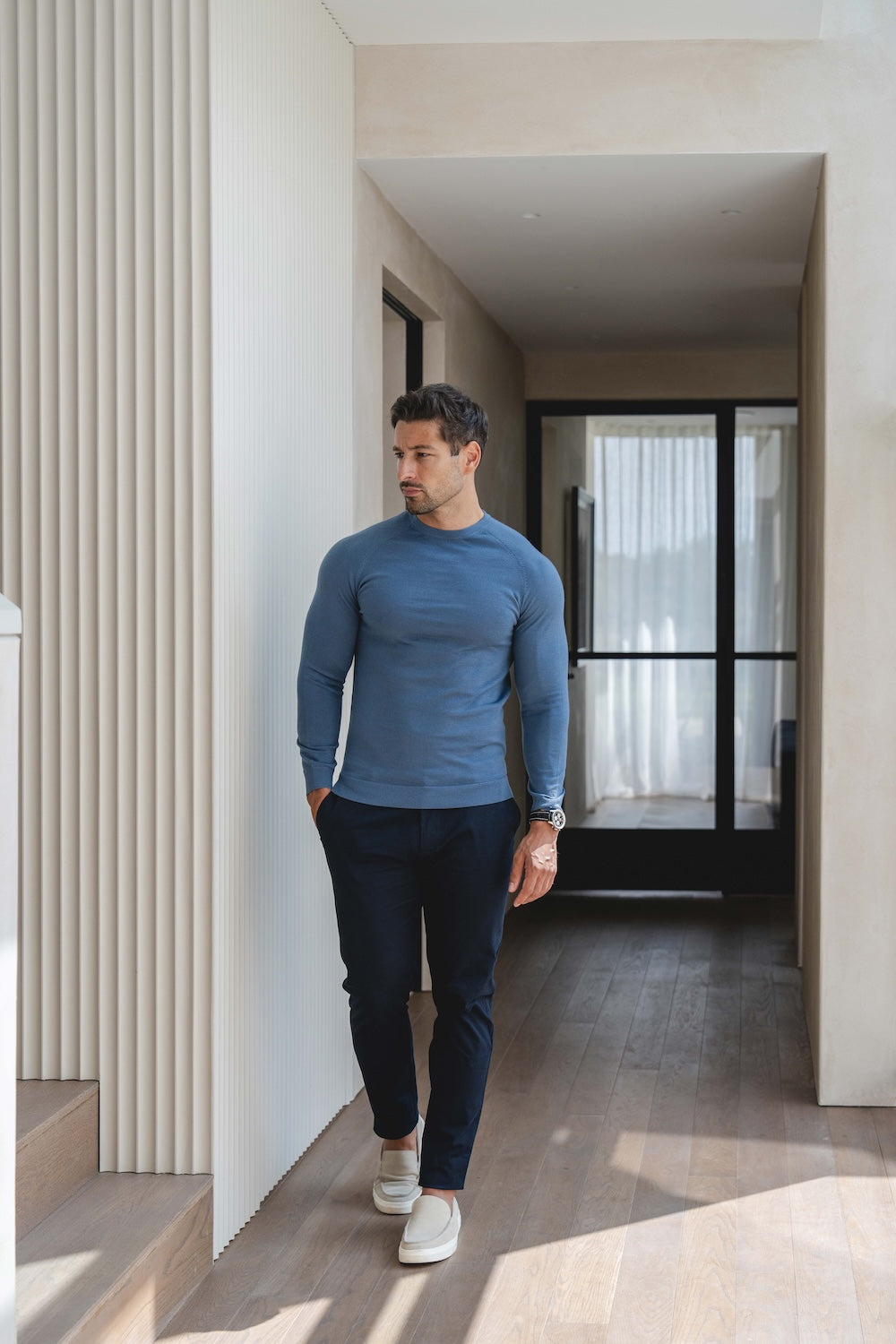 Extra Fine Merino Wool Crew Neck Jumper in Airforce Blue