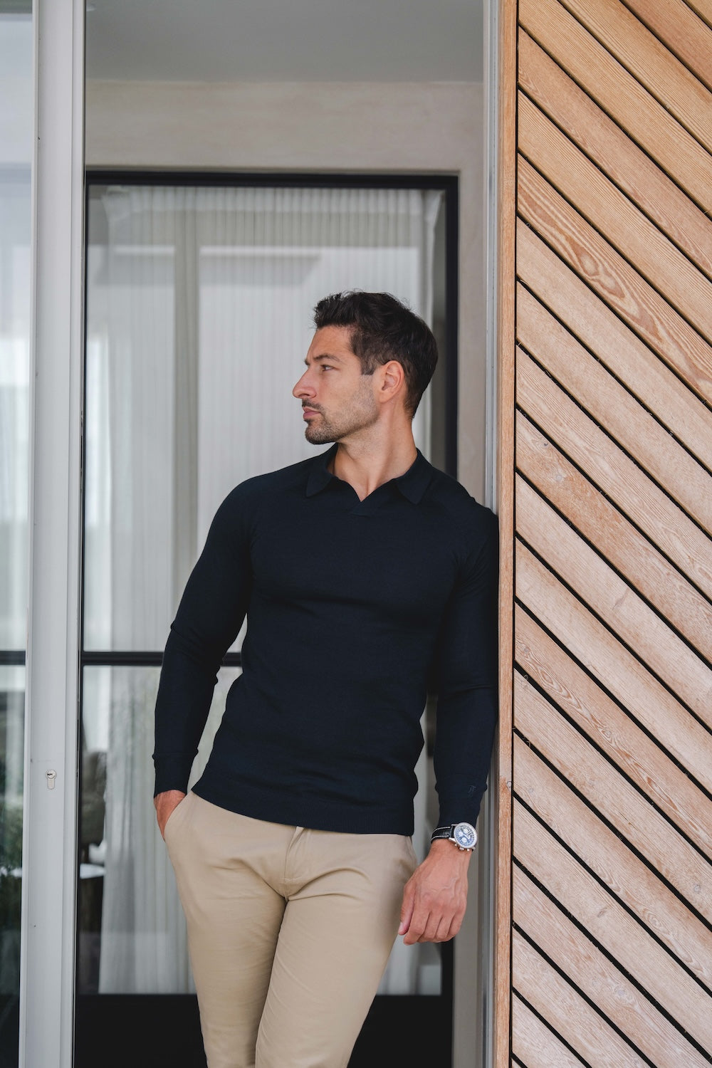 Extra Fine Merino Wool Open Collar Polo Shirt in Navy