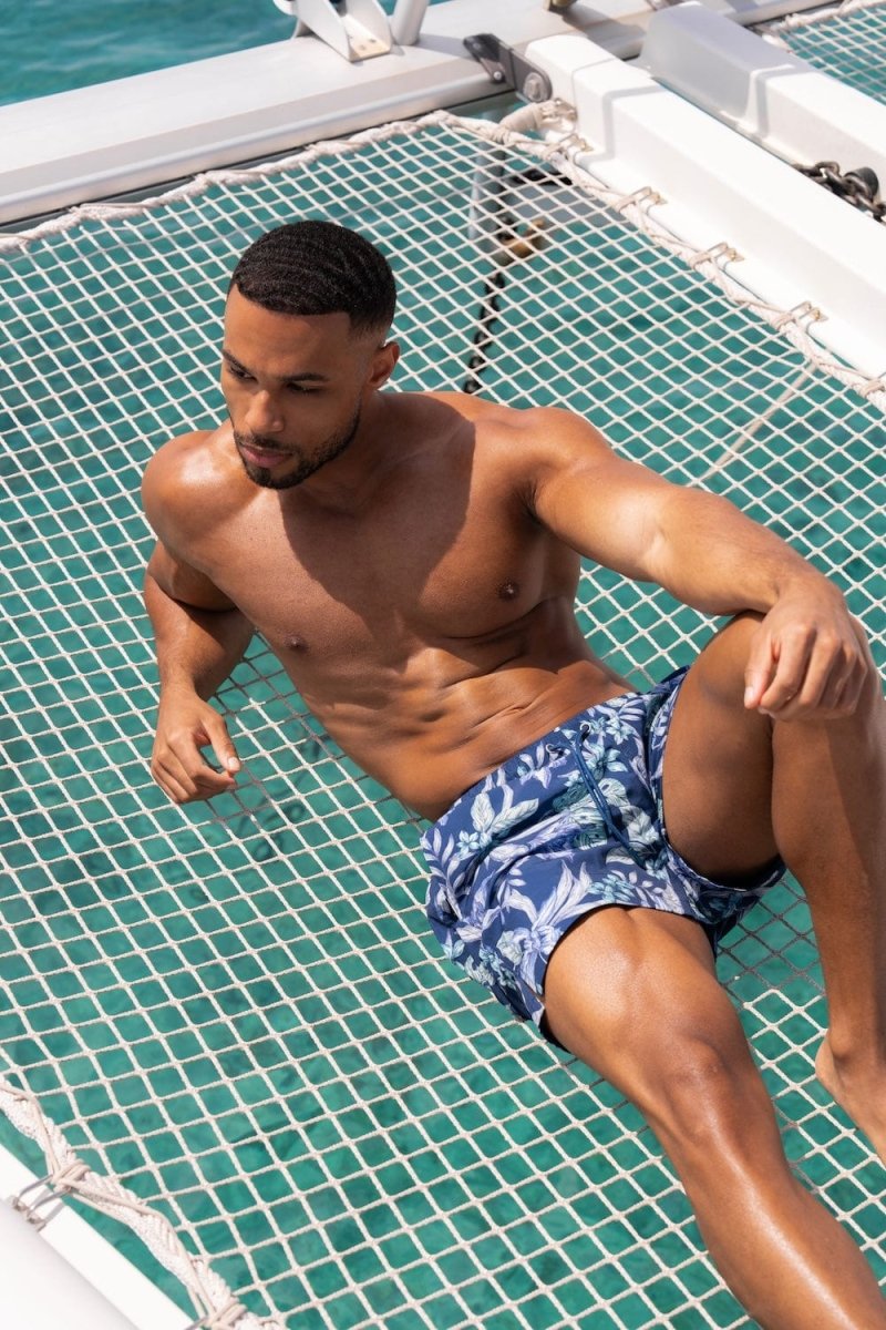 Printed Swim Short In Navy/Aqua Tropical Floral - TAILORED ATHLETE - ROW