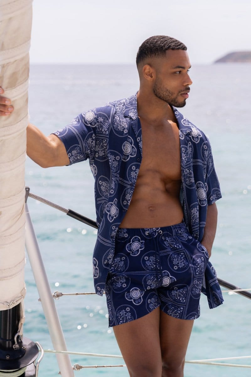 Printed Swim Shorts in Navy/White Paisley Palm - TAILORED ATHLETE - ROW