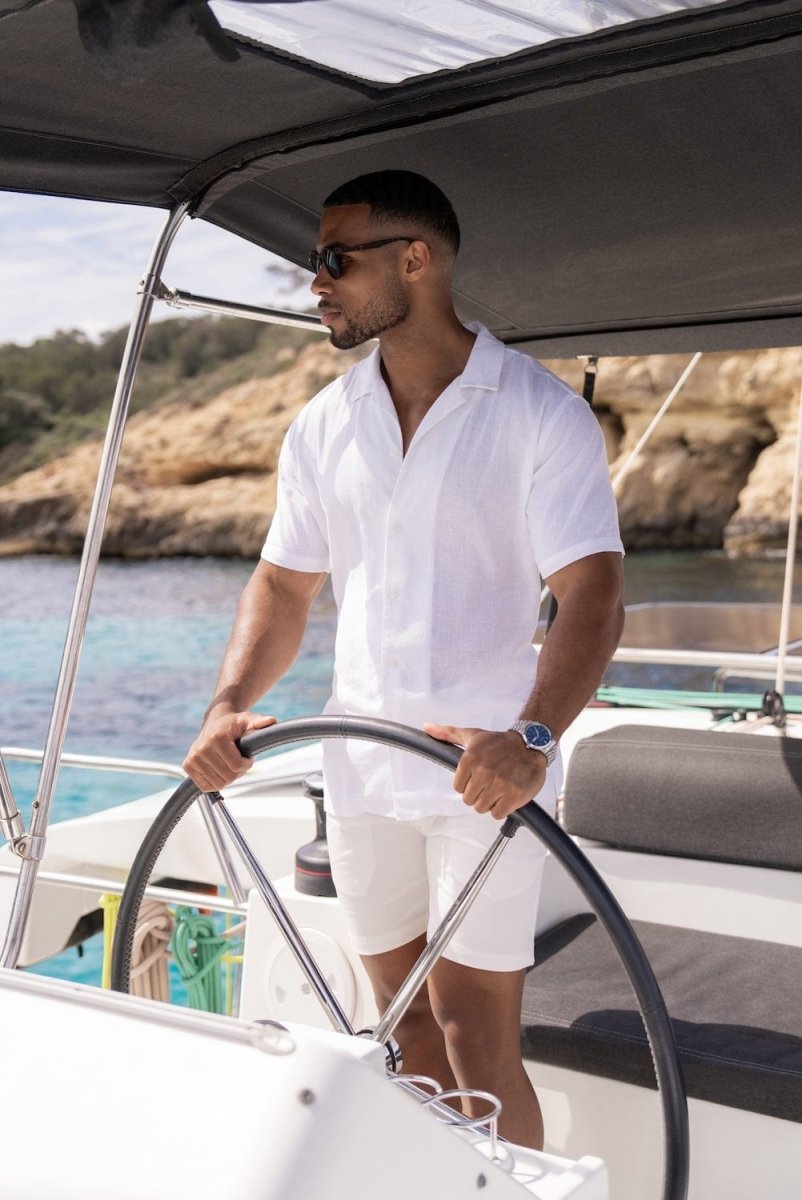 Linen Blend Cuban Collar Shirt in White - TAILORED ATHLETE - ROW