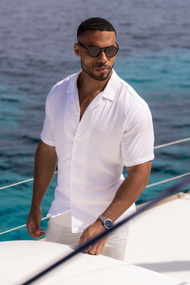 Linen Blend Cuban Collar Shirt in White - TAILORED ATHLETE - ROW