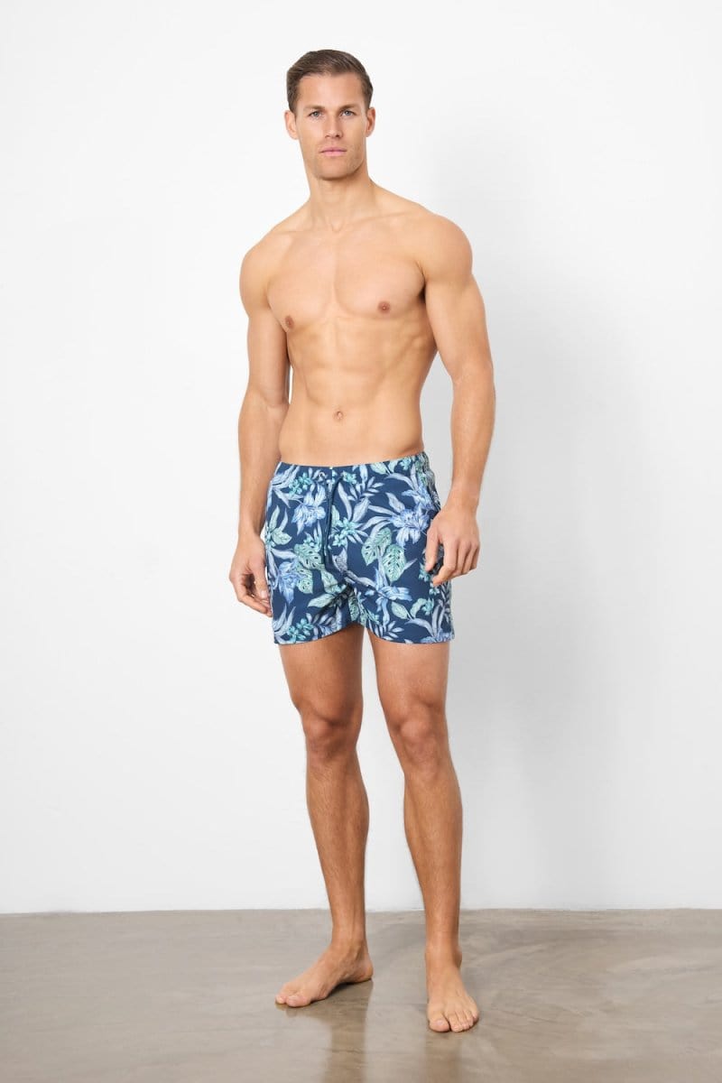 Printed Swim Short In Navy/Aqua Tropical Floral - TAILORED ATHLETE - ROW