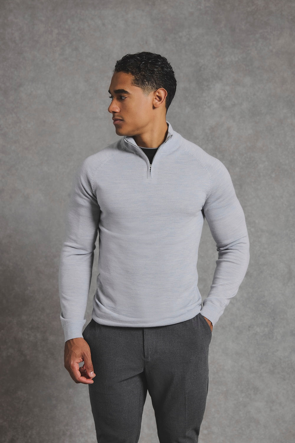 Extra Fine Merino Wool Half Zip Neck Jumper in Dove Grey