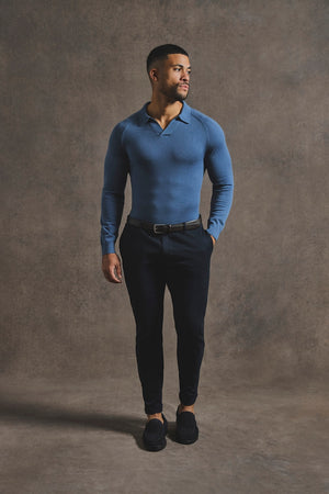 Extra Fine Merino Wool Open Collar Polo Shirt in Airforce Blue