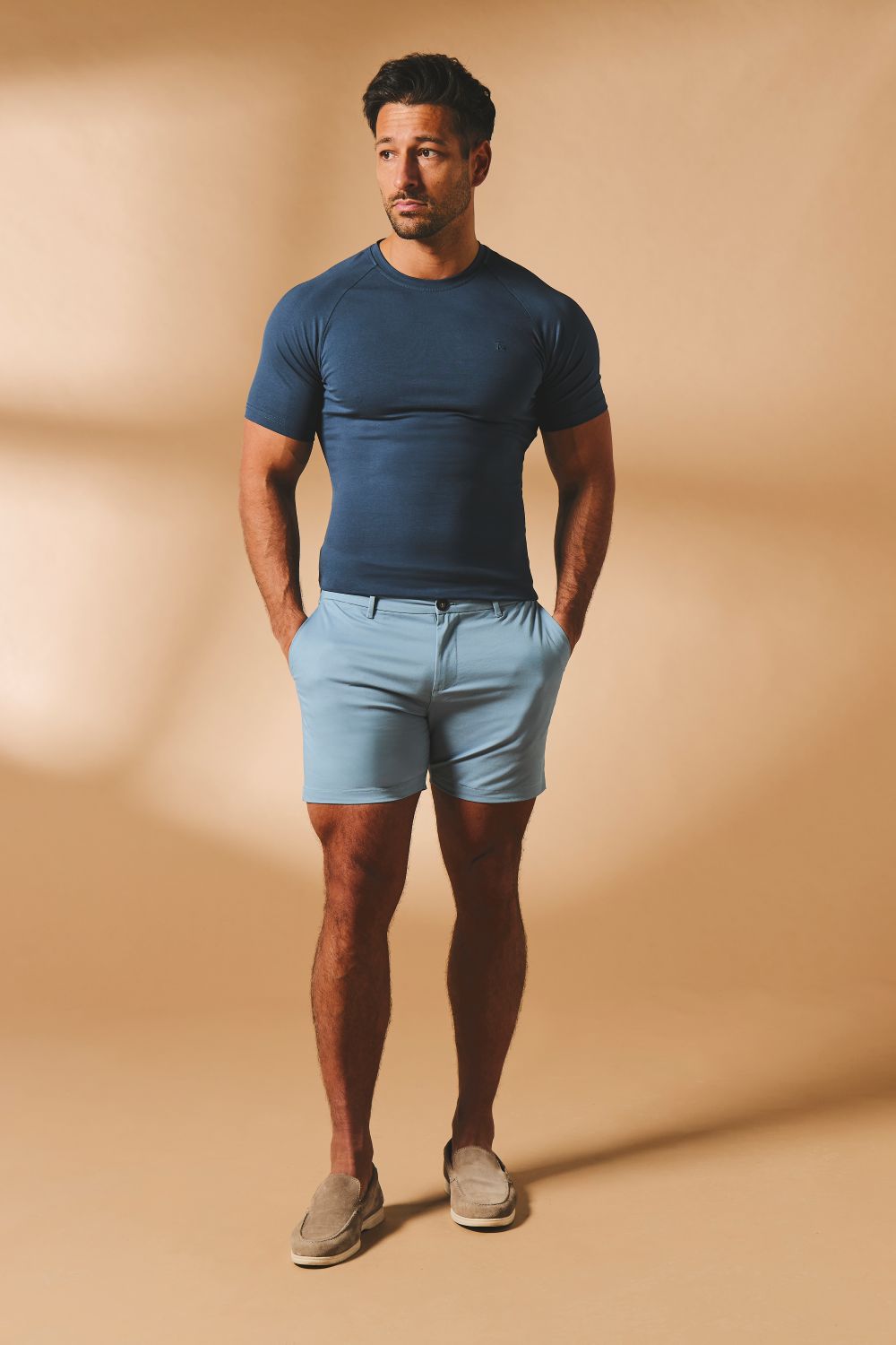 Muscle Fit Chino Shorts-Shorter Length in Light Blue