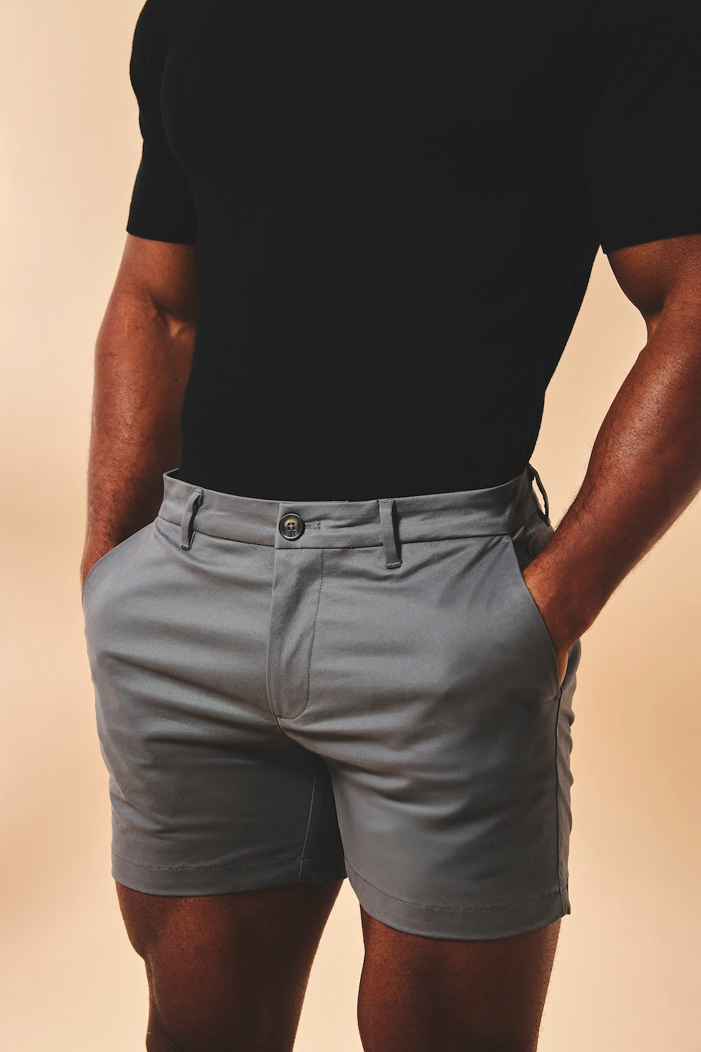 Muscle Fit Stretch Chino Shorts-Shorter Length in Dark Pewter