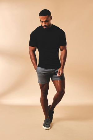 Muscle Fit Stretch Chino Shorts-Shorter Length in Dark Pewter