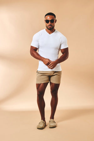 Muscle Fit Stretch Chino Shorts-Shorter Length in Dark Stone