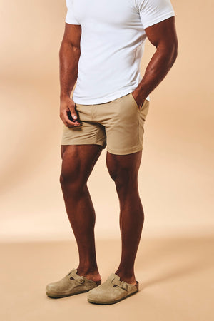 Muscle Fit Stretch Chino Shorts-Shorter Length in Dark Stone