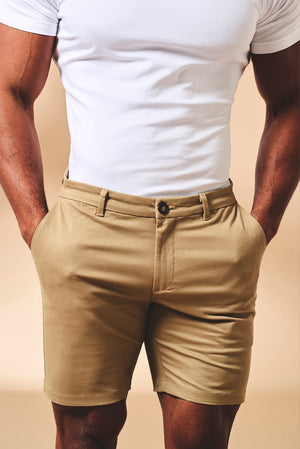 Muscle Fit Stretch Chino Shorts in Dark Sand