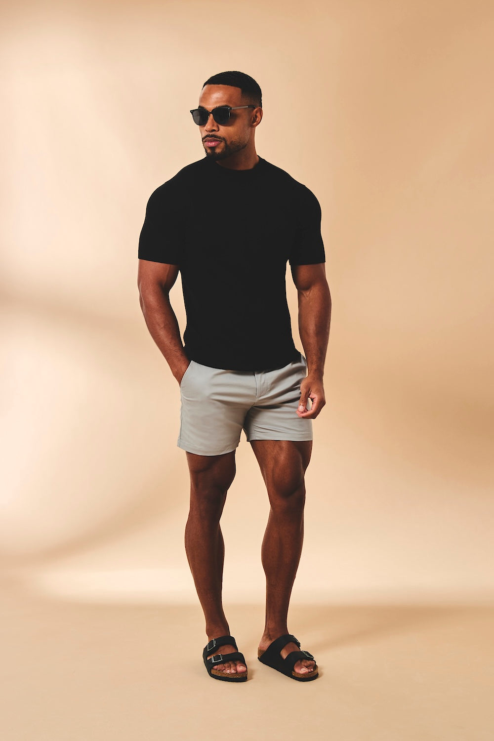 Muscle Fit Stretch Chino Shorts - Shorter Length in Pale Grey