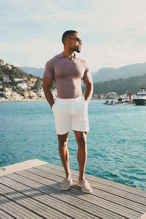 Open Collar Knitted Polo Shirt in Dusty Rose