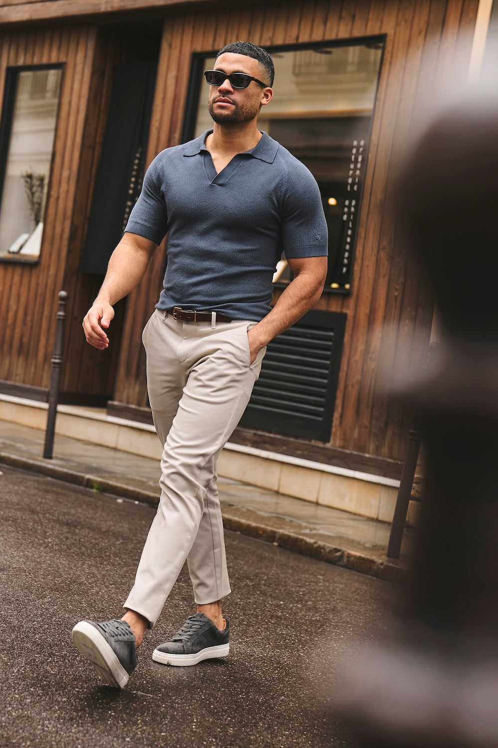 Textured Knitted Open Collar Polo Shirt in Slate Blue