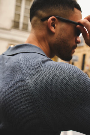 Textured Knitted Open Collar Polo Shirt in Slate Blue