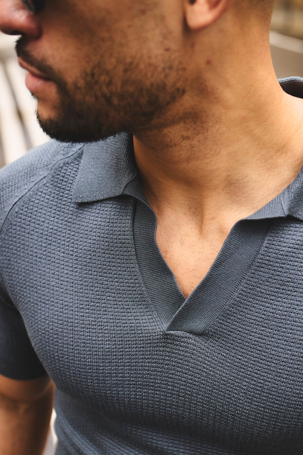 Textured Knitted Open Collar Polo Shirt in Slate Blue