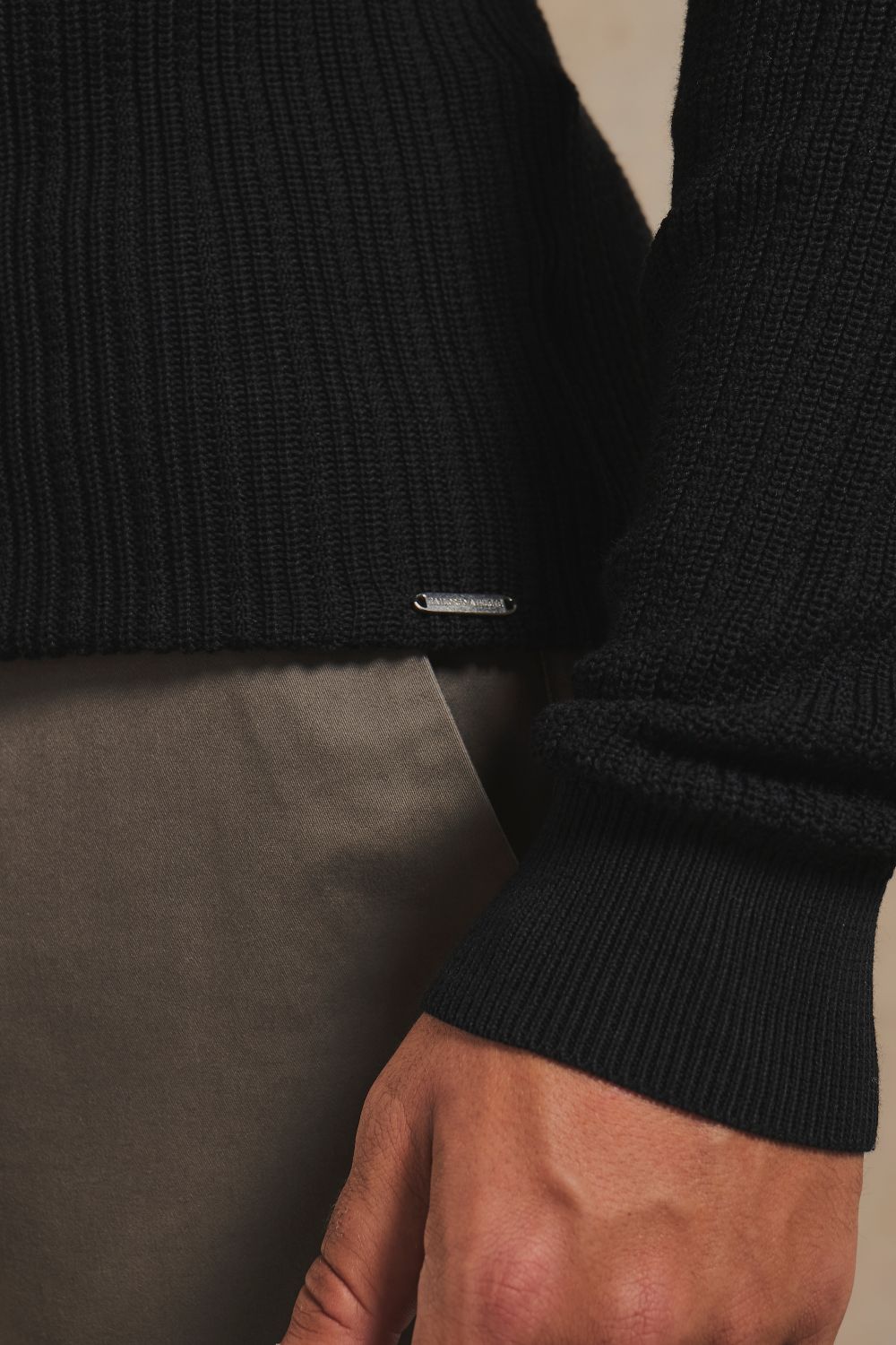 Textured Knitted Open Collar Polo Shirt in Black