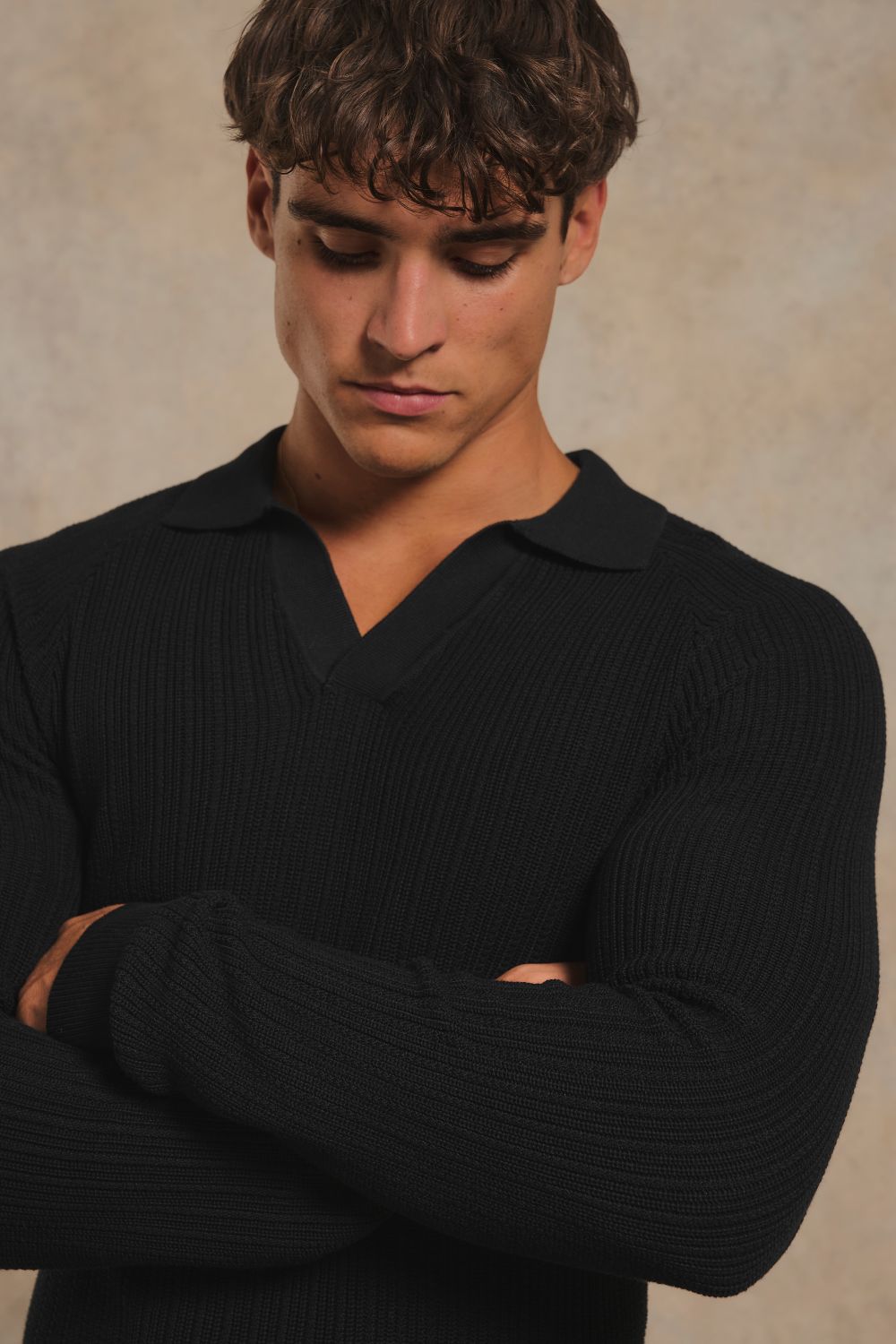 Textured Knitted Open Collar Polo Shirt in Black