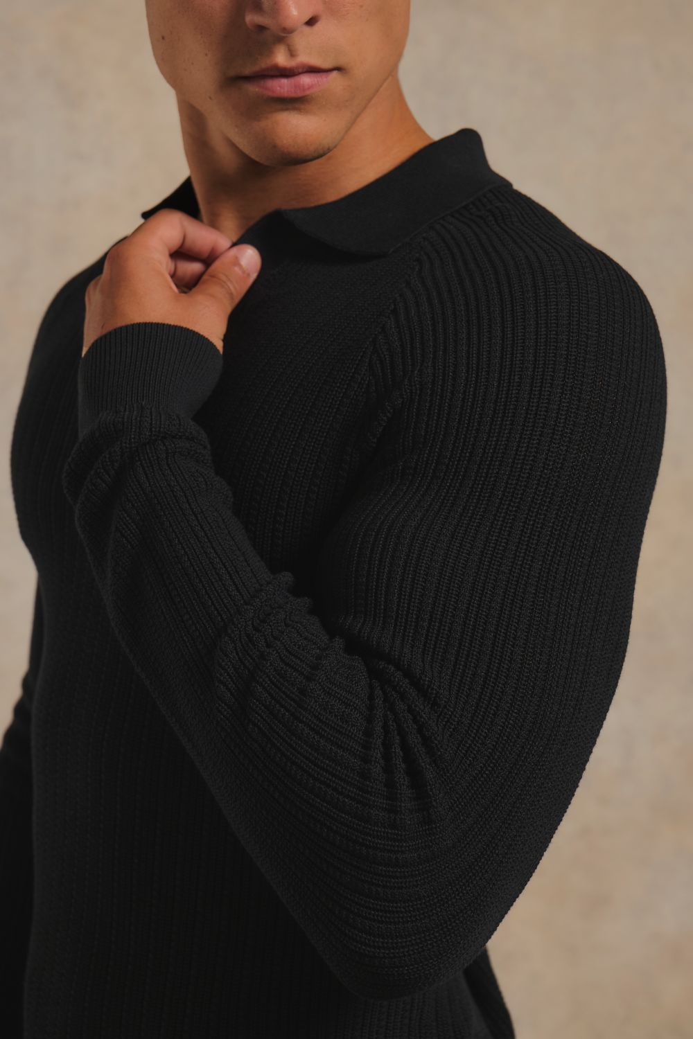Textured Knitted Open Collar Polo Shirt in Black