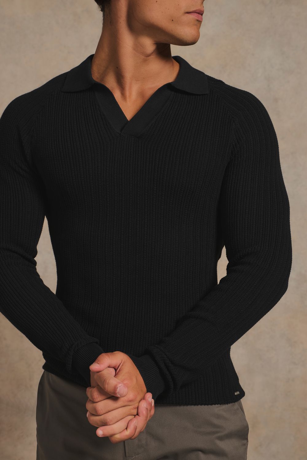 Textured Knitted Open Collar Polo Shirt in Black