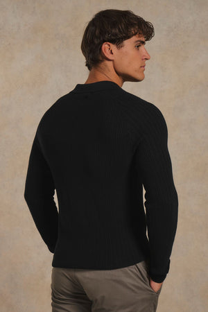 Textured Knitted Open Collar Polo Shirt in Black