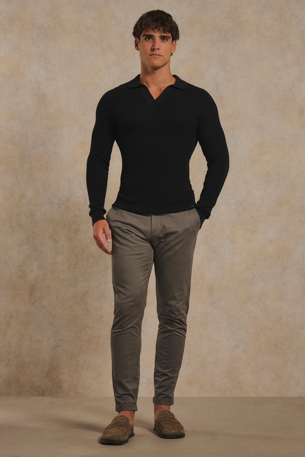 Textured Knitted Open Collar Polo Shirt in Black