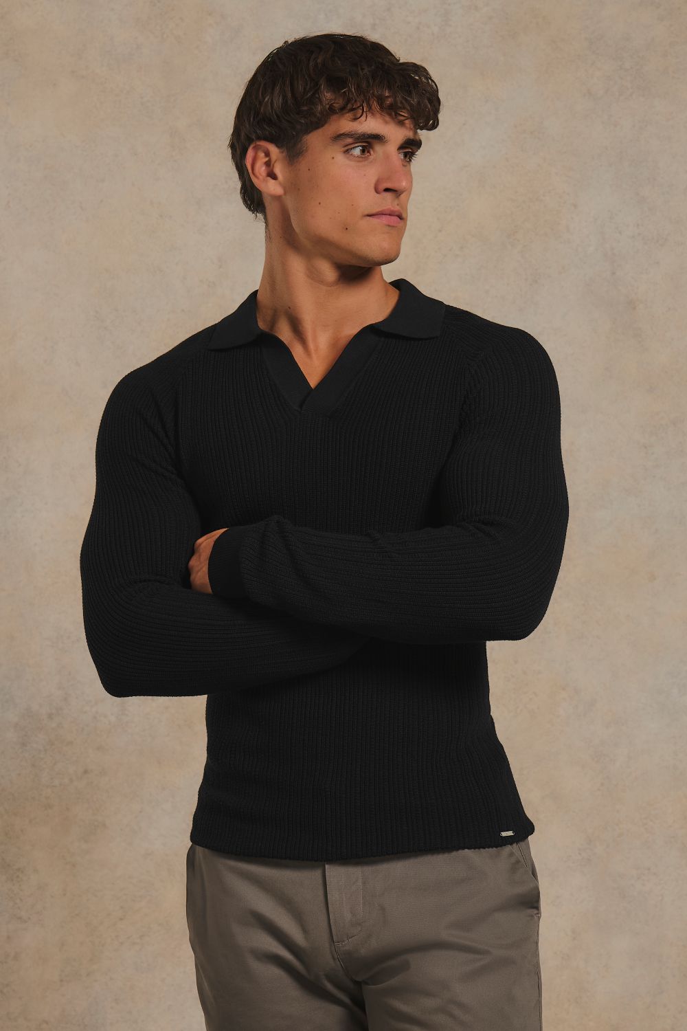 Textured Knitted Open Collar Polo Shirt in Black