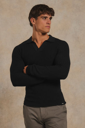 Textured Knitted Open Collar Polo Shirt in Black