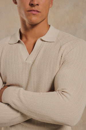 Textured Knitted Open Collar Polo Shirt in Alabaster