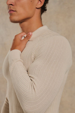 Textured Knitted Open Collar Polo Shirt in Alabaster