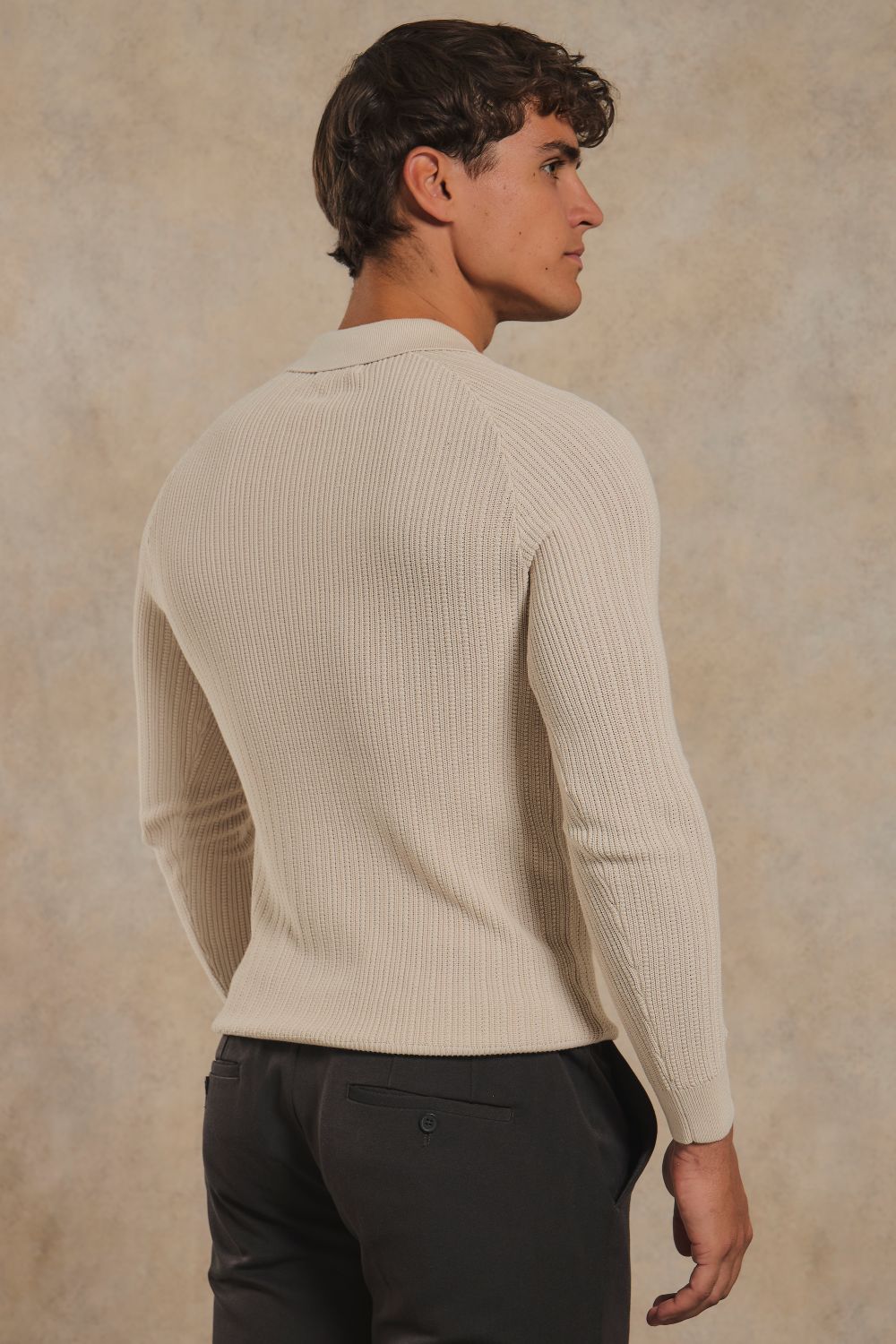 Textured Knitted Open Collar Polo Shirt in Alabaster